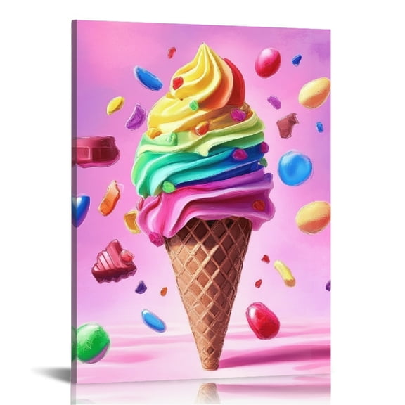 Patifu Ice Cream Cone Candy Digital Art Modern Canvas Prints for Living Room Bedroom Home Office Wall Decor 16x20 in