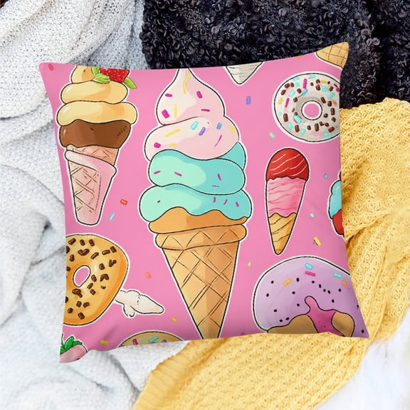 Patifu Ice Cream Donuts Sweets Pattern Linen Pillow Cover for Home Sofa Couch Living Room Bedroom 18x18in