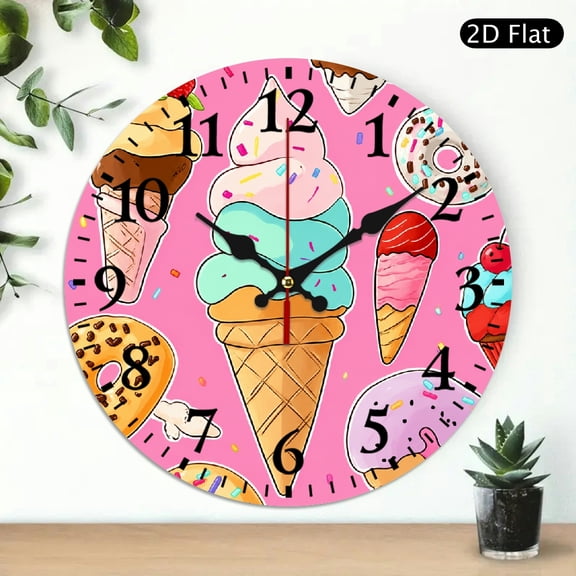Patifu Ice Cream Donuts Sweets Pattern Round Wooden Wall Clock Silent Battery Operated 10x10in