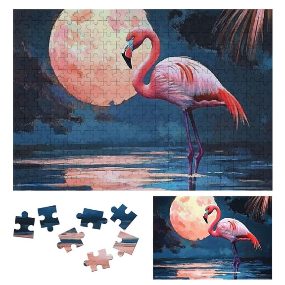 Patifu Impossible Wooden Puzzles Flamingo Moon Digital Painting Style Gift for Family Friends 300 PCS