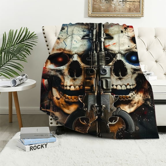 Patifu Interlacing Paintball Guns and Skulls Blanket - Dynamic Paintball Guns & Skulls Flannel Throw, Cozy Bedding for Thrill Seekers, Ideal for Bed & Lounge, 50"x60" White