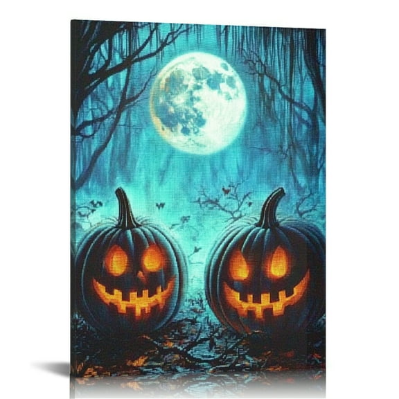 Patifu Jack O Lantern Full Moon Canvas Art Halloween Wall Decor 12x16 in