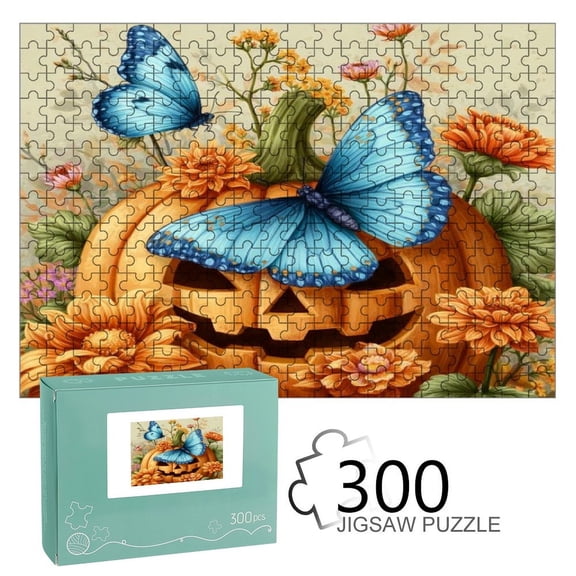 Patifu Jack-o'-lantern And Blue Butterflies Wooden Jigsaw Puzzle, HD Printed Art Puzzle, Interactive Family Game, Wall Decor for Bedroom Living Room, Educational, Fun Gift for Adults and Family,