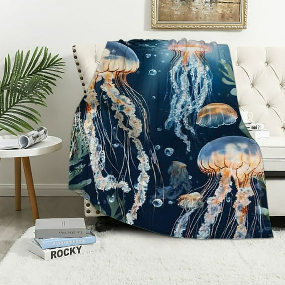 Patifu Jellyfish Blanket Ocean Fish and Coral Reef Throw Beach Dark Throw Blankets,Birthday Gifts for Kids & Marine Life Lovers,Lightweight Soft for Sofa Couch Bed Room Travel Decor 40x50in