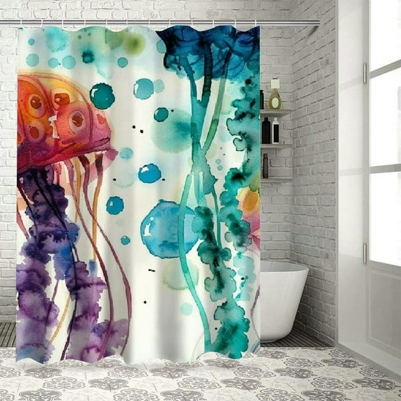 Patifu Jellyfish Bubbles Watercolor Shower Curtain with Hooks 100% Polyester Bathroom Curtain Decoration for Home Bathtubs 36"x72