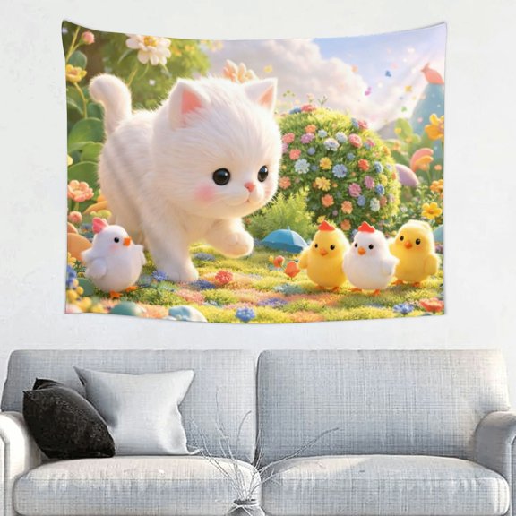 Patifu Kitten and Chicks in the Garden Polyester Fabric Wall Hanging Tapestry for Bedroom Living Room Dorm 40*30in