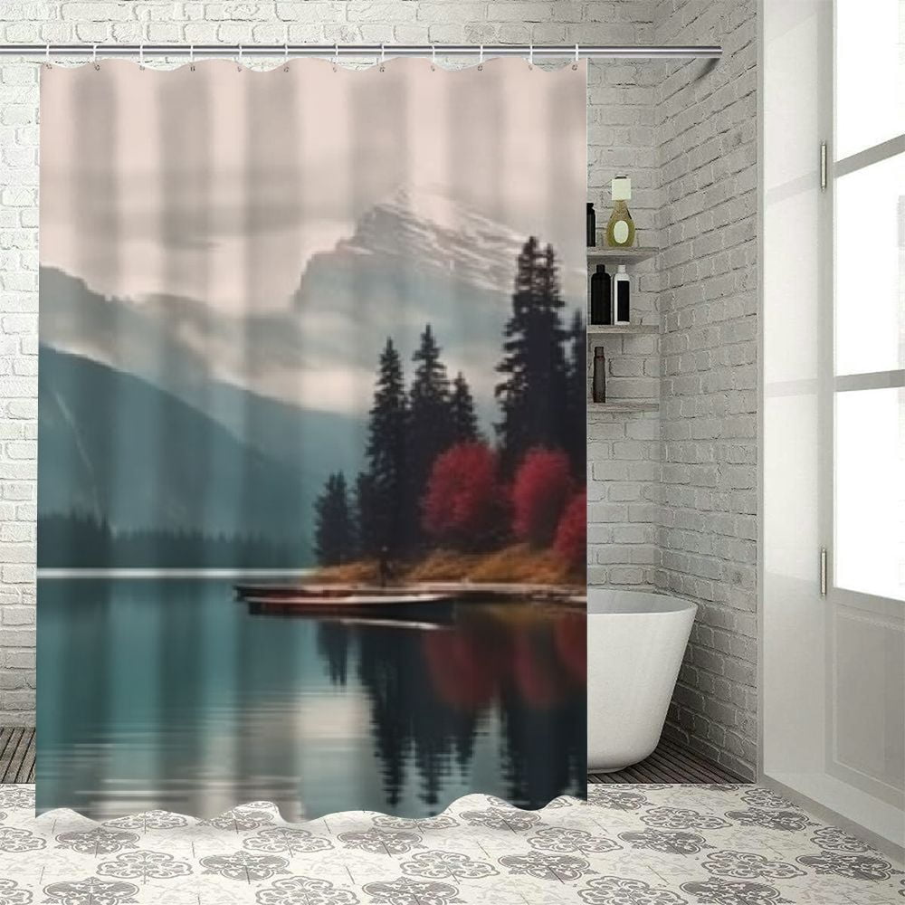 Patifu Lake Boat Mountain Bathroom Décor Set Graphic Print Polyester Stylish Shower Curtain with Hooks 100% Polyester Home Bathtubs Decoration 36"x72