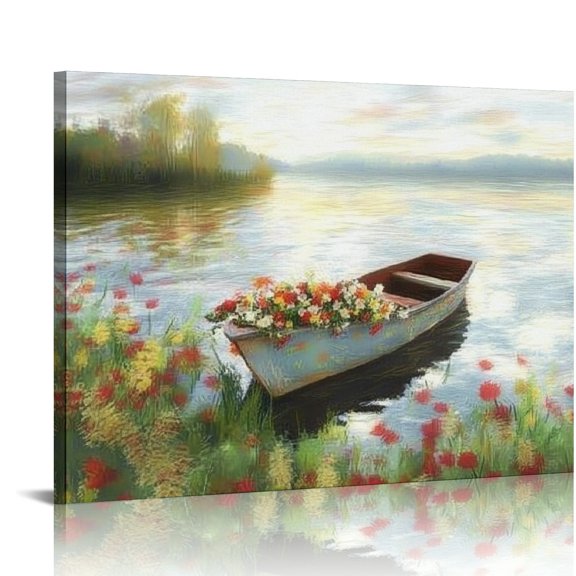 Patifu Lake Boat Scenery Wall Art: Hand Painted Nature Landscape Canvas Picture Artwork Contemporary Bedroom Living Room Natural Scene Print Painting Decor Home Office Decoration 20x16in