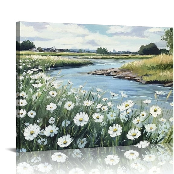 Patifu Lake Canvas Painting Wall Art: Landscape Picture Textured Nature Flower Scenery Print Artwork Bedroom Living Room Decor 16x12in