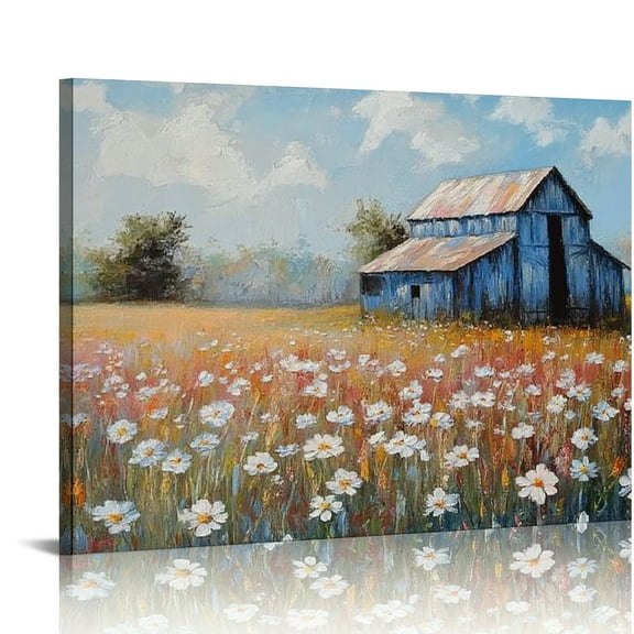 Patifu Landscape Canvas Wall Art Farmhouse Cows Barn Painting Rustic Picture White Flowers Nature Artwork Textured Large for Home Office Living Room Bedroom Bathroom Wall Decor 16x12in