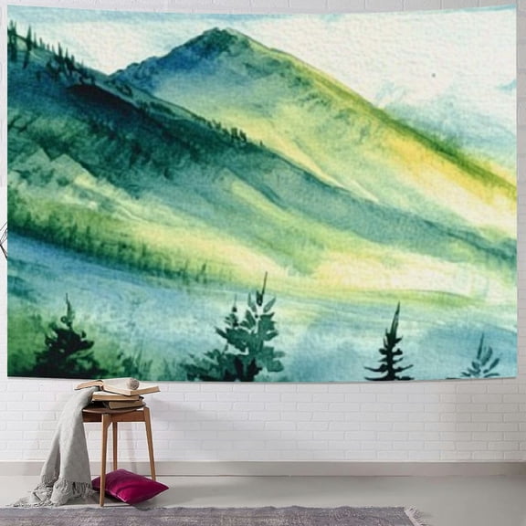 Patifu Landscape Tapestry Colorful Mountain Watercolor Painting Outdoor Nature Watercolor Painted Rain Forest Green Tapestry Tapestry Present for Families 60x50inch