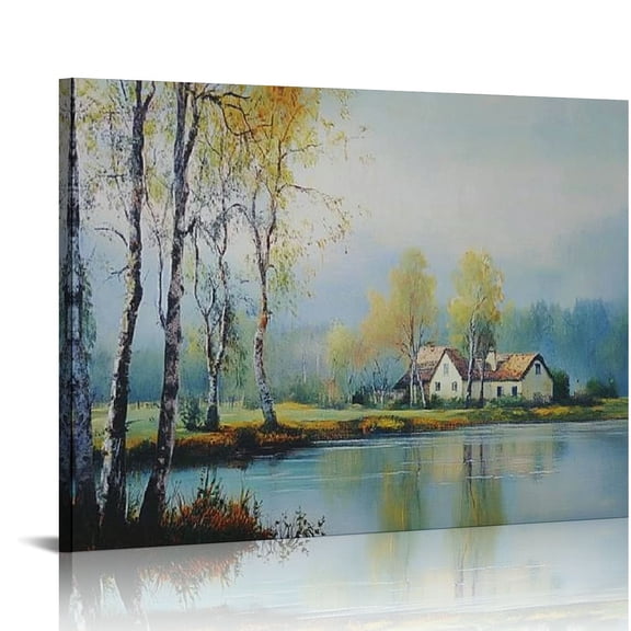 Patifu Landscape Wall Art River Painting Canvas, Tree Scenery Mountain Indigo Grey Textured Picture Artwork for Living Room Bedroom Bathroom Office Home Wall Decor 16x12in