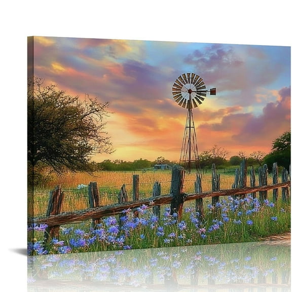 Patifu Landscape Wall Art Rustic Windmill Artwork Wildflowers Bluebonnets Canvas Countryside Picture Western Farmland Art Prints for Home Wall Decor 20x16in