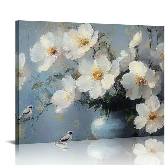 Patifu Large Flower Canvas Wall Art White Elegant Floral Painting Handmade Textured Landscape Picture Blue Gold Abstract Artwork  for Living Room Bedroom Bathroom Office Home Decor 20x16in