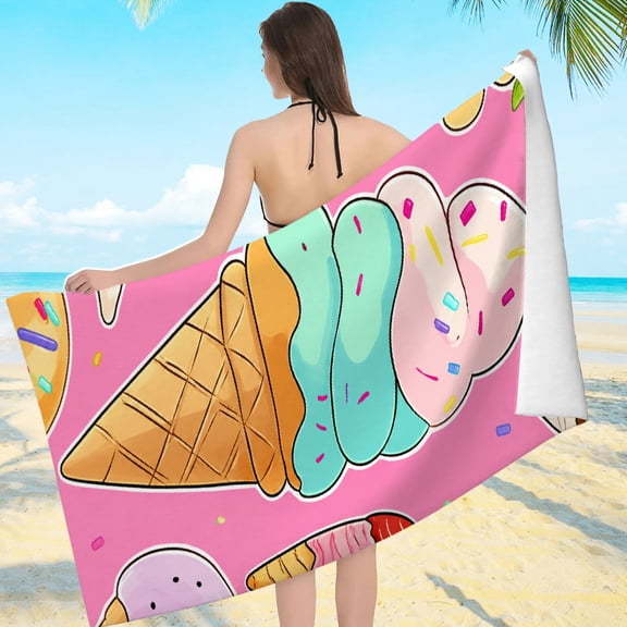 Patifu Large Oversized Beach Towel Ice Cream Donuts Sweets Pattern Microfiber 61.4x30.3 Inches 80*160cm