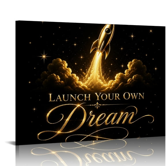 Patifu Launch Your Dream Gold Rocket Stars HD Print Framed Canvas Wall Art Ready to Hang for Bedroom Dorm Living Room Decor 16x12in