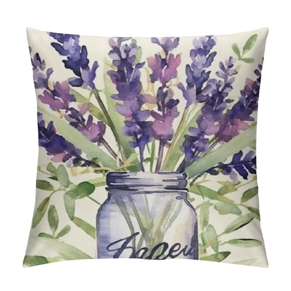 Patifu Lavender Flower Decorative Throw Pillow Covers Spring Time Vibes Purple Floral Mason Jar Outdoor Pillowcase, Hope Spring Eternal Bloom Gather Stripes Cushion Case Home Decor 22x22in