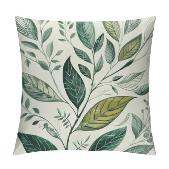 Patifu Leaf Print Throw Pillow Cushion Cover Set Bouquets of Leaves Romantic Boho Nature Concept Pattern Lines Ikat Chevron, Decorative Accent Double-Sided Printing, Ivory Sage Green 20x20in