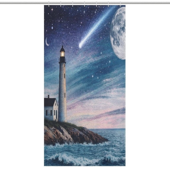 Patifu Lighthouse, Full Moon & Shooting Star Modern Bathroom Shower Curtain, Waterproof and Mildew-proof, Thickened Wet and Dry Separate Shower Curtain,