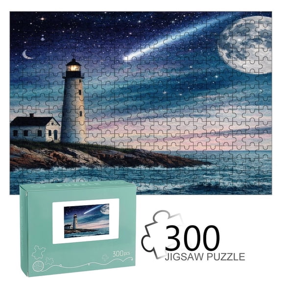 Patifu Lighthouse, Full Moon & Shooting Star Wooden Jigsaw Puzzle, HD Printed Art Puzzle, Interactive Family Game, Wall Decor for Bedroom Living Room, Educational, Fun Gift for Adults and Family,