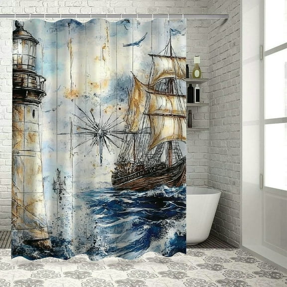 Patifu Lighthouse Ship Painting Shower Curtain Set with Hooks 36"x72