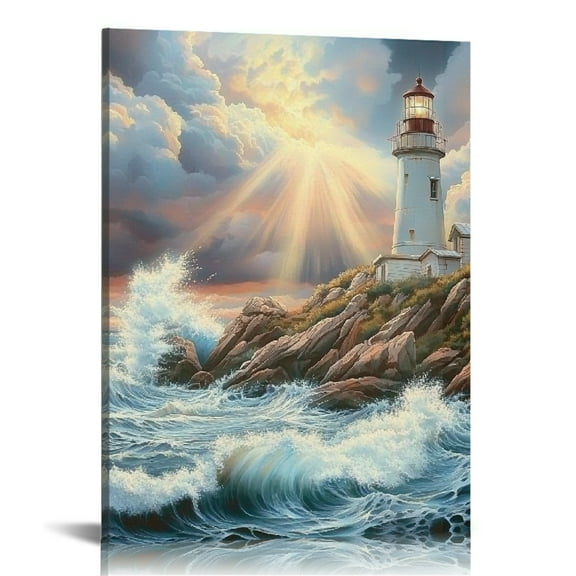 Patifu Lighthouse Waves Rocky Shore Canvas Art Prints Wall Decor 16x20 in