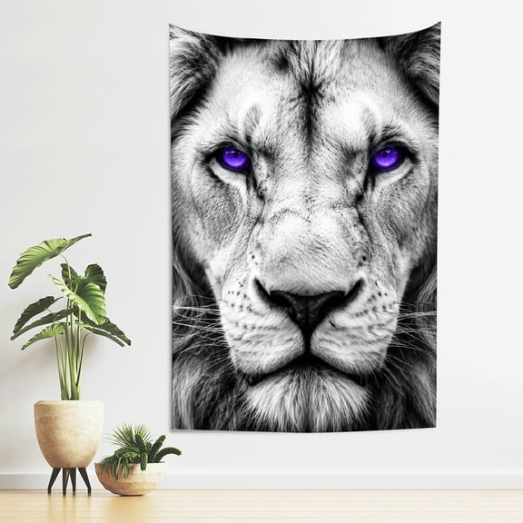 Patifu Lion Face With Purple Eyes Vertical Polyester Tapestry Wall Hanging for Bedroom Living Room Dorm 40*60in