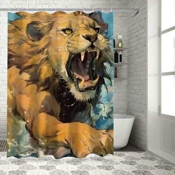 Patifu Lion Fish Attack Bathroom Decor Set with Hooks, Graphic Print Polyester Stylish Shower Curtain, 100% Polyester Home Bathtub Decoration, Waterproof and Long-Lasting 36"x72