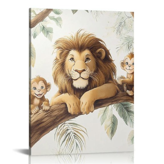 Patifu Lion Monkeys Tree Branch Wall Decor Canvas Art Print for Living Room Bedroom Home Office, High Resolution Image, Handmade Quality Framed Artwork 12x16 in
