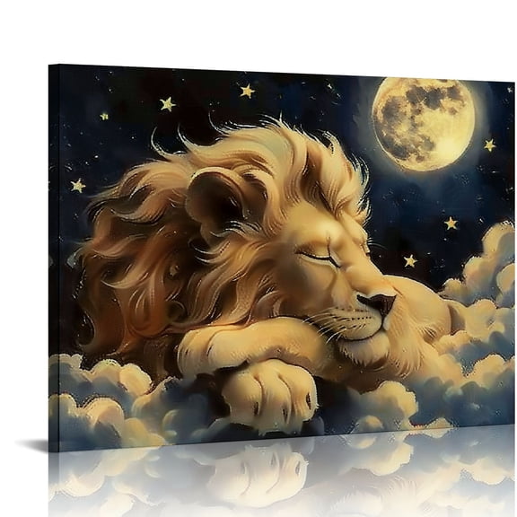 Patifu Lion Moon Cloud Canvas Print Wall Art Decor for Living Room Bedroom Office, High-Resolution Image, Handmade 20x16in