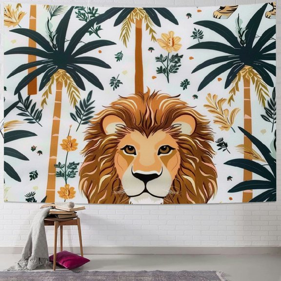 Patifu Lion Palm Trees Cotton Tapestry Wall Hanging Unique Style Graphic Tapestries Home Wall Decor Art for Living Room Bedroom Apartment Farmhouse Dorm 40x30inch