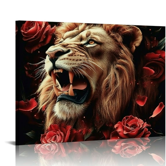 Patifu Lion Roses Black Background Canvas Print Wall Art Decor 20x16in