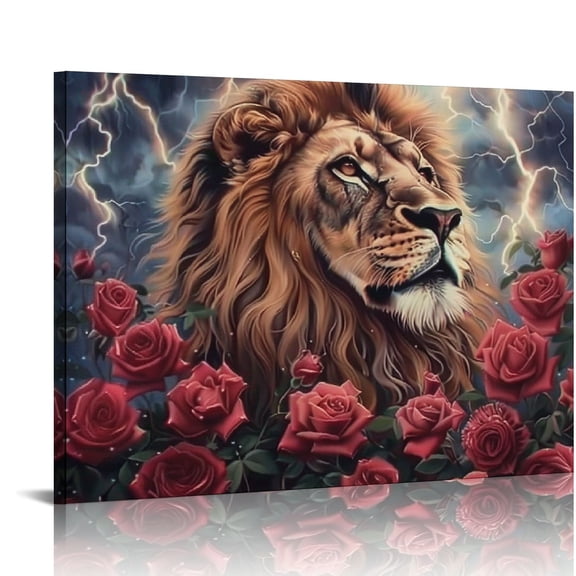 Patifu Lion Roses Lightning Canvas Wall Art For Home Office Decor 20x16in