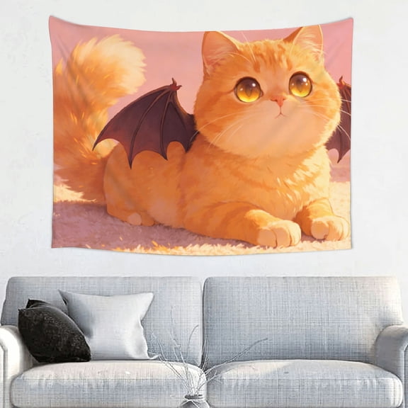 Patifu Little Devil Orange Cat Printed Polyester Tapestry Wall Hanging for Bedroom Dorm Living Room Home Decor 40*30in