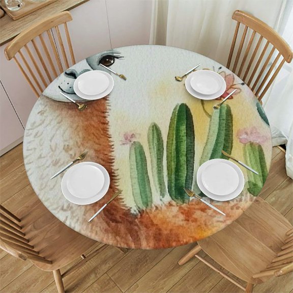 Patifu Llama Cactus Watercolor Round Tablecloth Stain-Resistant Washable 31"-35