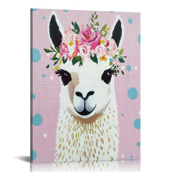 Patifu Llama Flower Crown Polka Dots Canvas Print Wall Decor for Living Room Bedroom Home Office 12x16 in
