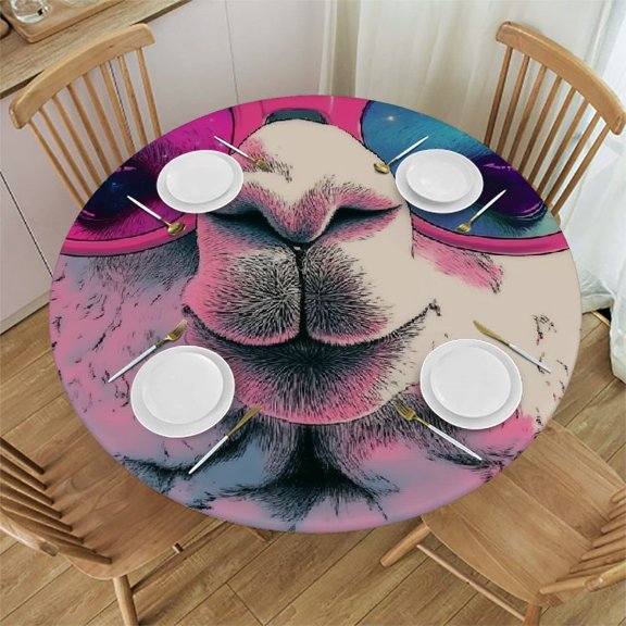 Patifu Llama Galaxy Sunglasses Round Tablecloth Stain-Resistant and Washable 100% Polyester Fiber Outdoor Picnic Camping Table Cover 46"-50