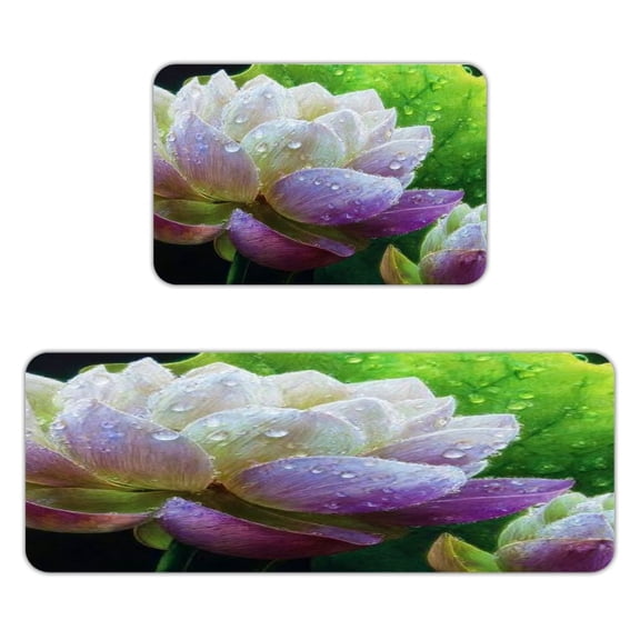 Patifu Lotus After Rain Kitchen Mats for Floor, Sets of 2, Soft Washable, Clear Print, Non Skid Waterproof Kitchen Rug for Sink Floor Sink Laundry Bar Office Room Home Cooks