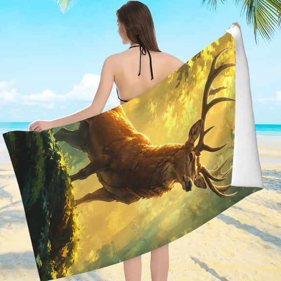 Patifu Majestic Deer In Sunlit Forest Beach Towel Ultra-Soft Microfiber Large Size 80*160cm