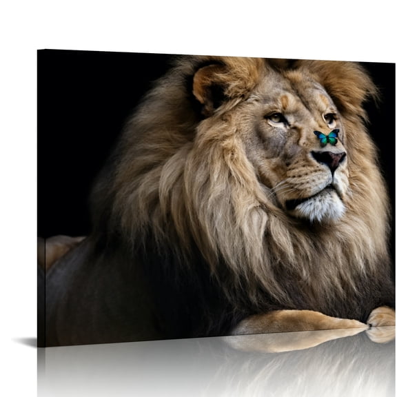 Patifu Male Lion with Blue Morpho Butterfly Canvas Wall Art Ready to Hang for Bedroom Living Room Decor 20x16in