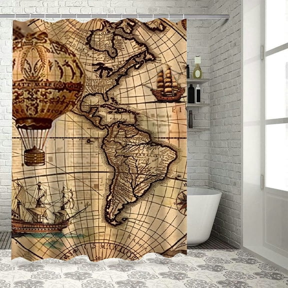 Patifu Map Balloon Steampunk Bathroom Decor Set with Hooks 100% Polyester Shower Curtain for Chic Modern Bathroom - Graphic Print, Stylish Design, Waterproof - 72x72 Inches 36"x72