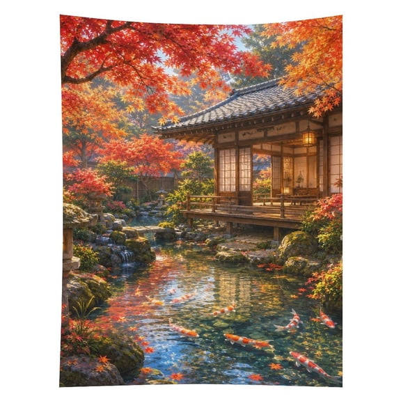 Patifu Maple Koi Japanese Courtyard Tapestry in Green Fields, Polyester Printed Wall Hanging, Suitable for Bedroom, Dormitory and Living Room, Aesthetic Home Decoration,