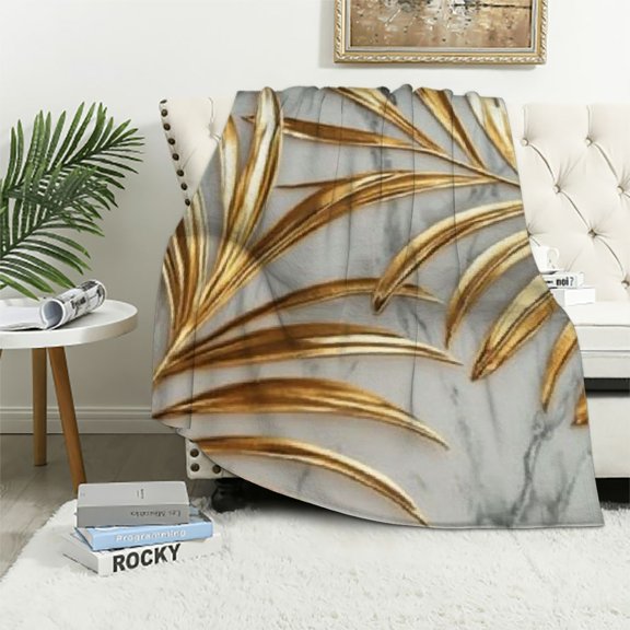 Patifu Marble Gold Leaves Art Deco Warm Lightweight Blanket Soft Fleece Blankets for Living Rooms Sofa Decor Cow Gifts All Seasons Throw Blanket 60x80in