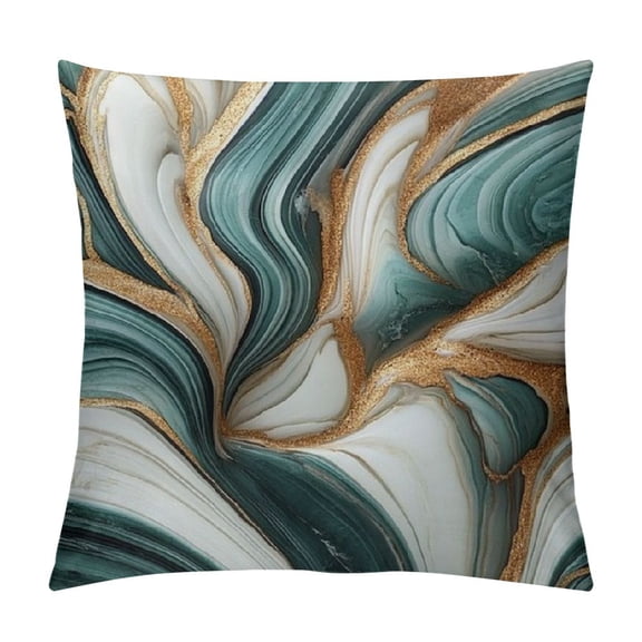 Patifu Marble Print Throw Pillow Cushion Cover Abstract Deep Waves Contemporary Flows with Golden Mustard Tone, Decorative Accent , Jade Green and Amber 22x22in