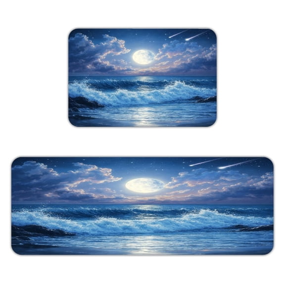 Patifu Meteor Sea Under The Moon Kitchen Mats for Floor, Sets of 2, Soft Washable, Clear Print, Non Skid Waterproof Kitchen Rug for Sink Floor Sink Laundry Bar Office Room Home Cooks