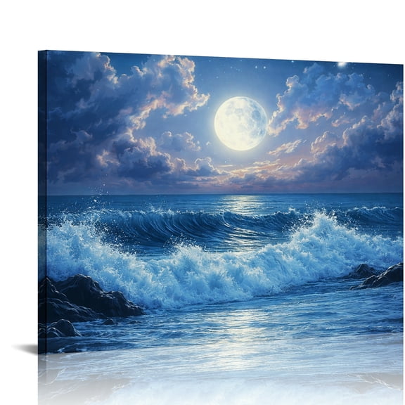 Patifu Meteor Sea Under The Moon HD Print Framed Canvas Wall Art For Living Room Bedroom Kitchen 16x12in