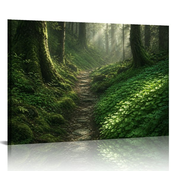 Patifu Misty Forest Path With Clover Canvas Wall Decor For Living Room Bedroom Kitchen Bathroom 24x16in