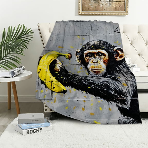 Patifu Monkey Banana Graffiti Art Warm Lightweight Blanket Soft Fleece Blankets All Seasons Sofa Decor Cow Gifts Blanket 40x50in