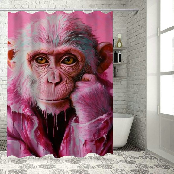 Patifu Monkey Pink Coat Dripping Paint Shower Curtain Set 100% Polyester Washable with Hooks 60"x72