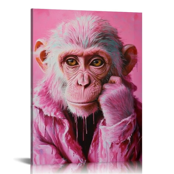 Patifu Monkey Pink Coat Dripping Paint Wall Decor Canvas Art Print for Living Room Bedroom Home Office, Quality Material, Aesthetic Decoration, Wonderful Gift, Easy to Frame 16x20 in